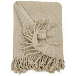 RIDEAUDISCOUNT Fouta, Jeté De Lit, Plaid 100% Coton 120 X 150 Cm Avec Franges Jacquard Motif Chevrons Ton Sur Ton Ecru - Ecru -Plaid et couverture Soldes 36294313 5