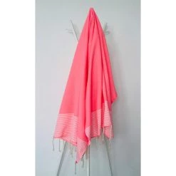 OCEAN VIBES Fouta 100 Cm X 200 Cm Ziwane - 100% Coton - Finition Franges - ROSE FLUO/BLANC -Plaid et couverture Soldes 36320165 5