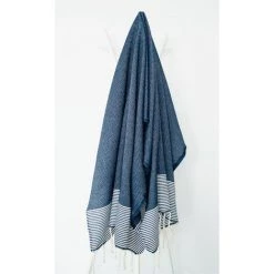 LA MAISON D'AMELIE Fouta 100 Cm X 200 Cm Ziwane - 100% Coton - Finition Franges - BLEU MARINE/BLANC