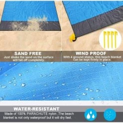 TRIOMPHE Tapis De Plage, Extra Large 200 Cm X 210 Cm Couverture De Pique-Nique Imperméable Anti-Sable, Lavable En Machine Nylon Avec 4 Piquets (Bleu 2) -Plaid et couverture Soldes 36474806 3