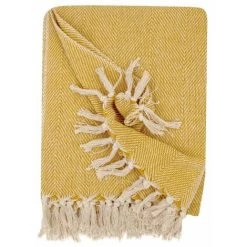 RIDEAUDISCOUNT Fouta, Jeté De Lit, Plaid 100% Coton 120 X 150 Cm Avec Franges Jacquard Motif Chevrons Bicolore Jaune - Jaune -Plaid et couverture Soldes 36574304 5