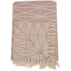 RIDEAUDISCOUNT Fouta, Jeté De Lit, Plaid 100% Coton 120 X 150 Cm Avec Franges Jacquard Motif Géométrique Rose - Rose -Plaid et couverture Soldes 36574307 4