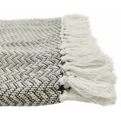 RIDEAUDISCOUNT Fouta, Jeté De Lit, Plaid 100% Coton 120 X 150 Cm Avec Franges Jacquard Micromotif Chevrons Gris Charbon - Gris -Plaid et couverture Soldes 36615429 3