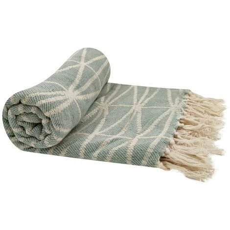RIDEAUDISCOUNT Fouta, Jeté De Lit, Plaid 100% Coton 120 X 150 Cm Avec Franges Jacquard Motif Géométrique Bleu - Bleu 3 RIDEAUDISCOUNT Fouta, Jeté De Lit, Plaid 100% Coton 120 X 150 Cm Avec Franges Jacquard Motif Géométrique Bleu - Bleu