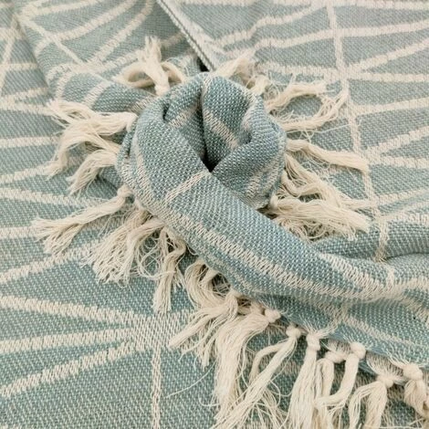 RIDEAUDISCOUNT Fouta, Jeté De Lit, Plaid 100% Coton 120 X 150 Cm Avec Franges Jacquard Motif Géométrique Bleu - Bleu 4 RIDEAUDISCOUNT Fouta, Jeté De Lit, Plaid 100% Coton 120 X 150 Cm Avec Franges Jacquard Motif Géométrique Bleu - Bleu – Image 2