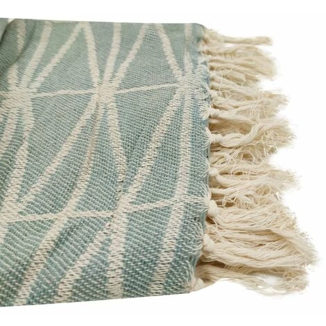 RIDEAUDISCOUNT Fouta, Jeté De Lit, Plaid 100% Coton 120 X 150 Cm Avec Franges Jacquard Motif Géométrique Bleu - Bleu 5 RIDEAUDISCOUNT Fouta, Jeté De Lit, Plaid 100% Coton 120 X 150 Cm Avec Franges Jacquard Motif Géométrique Bleu - Bleu – Image 3