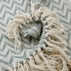 RIDEAUDISCOUNT Fouta, Jeté De Lit, Plaid 100% Coton 120 X 150 Cm Avec Franges Jacquard Motif Géométrique Chevrons Vert D'Eau - Vert -Plaid et couverture Soldes 36617265 2