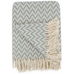 RIDEAUDISCOUNT Fouta, Jeté De Lit, Plaid 100% Coton 120 X 150 Cm Avec Franges Jacquard Motif Géométrique Chevrons Vert D'Eau - Vert -Plaid et couverture Soldes 36617265 4