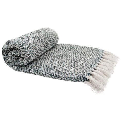 RIDEAUDISCOUNT Fouta, Jeté De Lit, Plaid 100% Coton 120 X 150 Cm Avec Franges Jacquard Micromotif Chevrons Bleu Canard - Bleu 3 RIDEAUDISCOUNT Fouta, Jeté De Lit, Plaid 100% Coton 120 X 150 Cm Avec Franges Jacquard Micromotif Chevrons Bleu Canard - Bleu