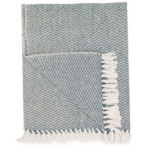 RIDEAUDISCOUNT Fouta, Jeté De Lit, Plaid 100% Coton 120 X 150 Cm Avec Franges Jacquard Micromotif Chevrons Bleu Canard - Bleu 6 RIDEAUDISCOUNT Fouta, Jeté De Lit, Plaid 100% Coton 120 X 150 Cm Avec Franges Jacquard Micromotif Chevrons Bleu Canard - Bleu – Image 4