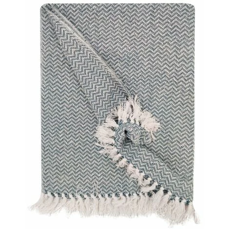 RIDEAUDISCOUNT Fouta, Jeté De Lit, Plaid 100% Coton 120 X 150 Cm Avec Franges Jacquard Micromotif Chevrons Bleu Canard - Bleu 7 RIDEAUDISCOUNT Fouta, Jeté De Lit, Plaid 100% Coton 120 X 150 Cm Avec Franges Jacquard Micromotif Chevrons Bleu Canard - Bleu – Image 5