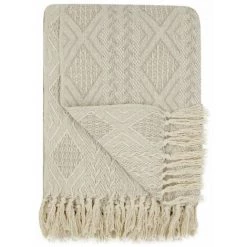 RIDEAUDISCOUNT Fouta, Jeté De Lit, Plaid 100% Coton 120 X 150 Cm Avec Franges Jacquard Motif Géométrique Chevrons Taupe - Naturel -Plaid et couverture Soldes 36824858 4