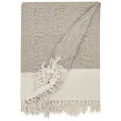 RIDEAUDISCOUNT Fouta, Jeté De Lit, Plaid 100% Coton 120 X 150 Cm Avec Franges Jacquard Chevrons Bicolore Argile Taupe - Naturel -Plaid et couverture Soldes 36824872 5