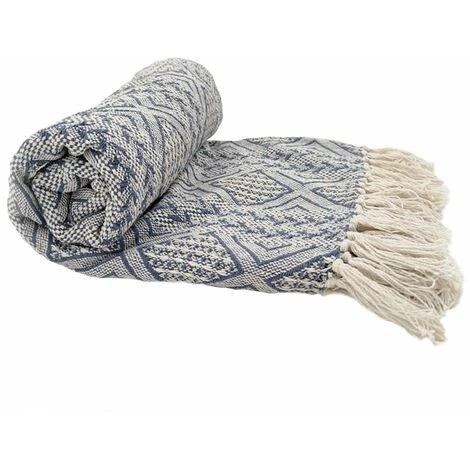 RIDEAUDISCOUNT Fouta, Jeté De Lit, Plaid 100% Coton 120 X 150 Cm Avec Franges Jacquard Motif Géométrique Chevrons Bleu Foncé - Bleu 3 RIDEAUDISCOUNT Fouta, Jeté De Lit, Plaid 100% Coton 120 X 150 Cm Avec Franges Jacquard Motif Géométrique Chevrons Bleu Foncé - Bleu