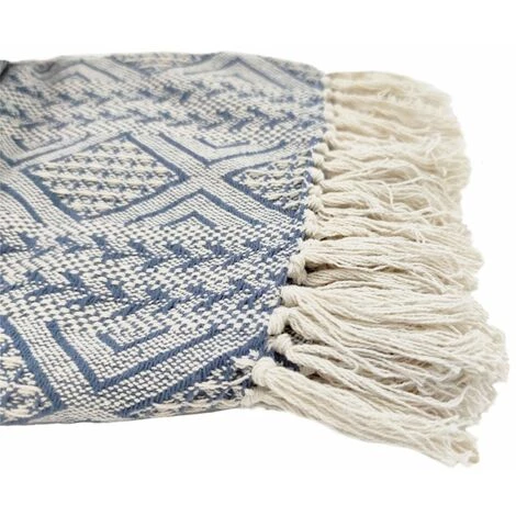 RIDEAUDISCOUNT Fouta, Jeté De Lit, Plaid 100% Coton 120 X 150 Cm Avec Franges Jacquard Motif Géométrique Chevrons Bleu Foncé - Bleu 5 RIDEAUDISCOUNT Fouta, Jeté De Lit, Plaid 100% Coton 120 X 150 Cm Avec Franges Jacquard Motif Géométrique Chevrons Bleu Foncé - Bleu – Image 3