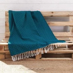 Paris Prix - Fouta à Franges "coco Geo" 100x200cm Bleu -Plaid et couverture Soldes 36892134 3