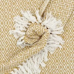 RIDEAUDISCOUNT Fouta, Jeté De Lit, Plaid 100% Coton 120 X 150 Cm Avec Franges Jacquard Micromotif Losanges Jaune - Jaune -Plaid et couverture Soldes 36892738 2