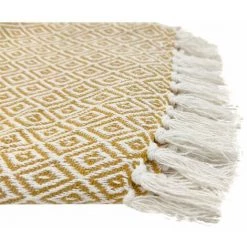 RIDEAUDISCOUNT Fouta, Jeté De Lit, Plaid 100% Coton 120 X 150 Cm Avec Franges Jacquard Micromotif Losanges Jaune - Jaune -Plaid et couverture Soldes 36892738 3