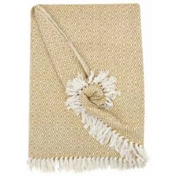 RIDEAUDISCOUNT Fouta, Jeté De Lit, Plaid 100% Coton 120 X 150 Cm Avec Franges Jacquard Micromotif Losanges Jaune - Jaune -Plaid et couverture Soldes 36892738 5