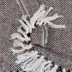 RIDEAUDISCOUNT Fouta, Jeté De Lit, Plaid 100% Coton 120 X 150 Cm Avec Franges Jacquard Motif Chevrons Bicolore Noir Blanc - Noir -Plaid et couverture Soldes 36892943 2