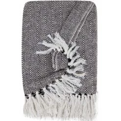 RIDEAUDISCOUNT Fouta, Jeté De Lit, Plaid 100% Coton 120 X 150 Cm Avec Franges Jacquard Motif Chevrons Bicolore Noir Blanc - Noir -Plaid et couverture Soldes 36892943 5