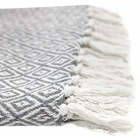 RIDEAUDISCOUNT Fouta, Jeté De Lit, Plaid 100% Coton 120 X 150 Cm Avec Franges Jacquard Micromotif Losanges Gris - Gris 5 RIDEAUDISCOUNT Fouta, Jeté De Lit, Plaid 100% Coton 120 X 150 Cm Avec Franges Jacquard Micromotif Losanges Gris - Gris – Image 3