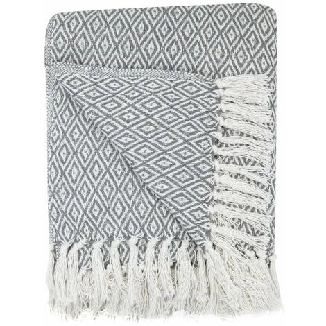 RIDEAUDISCOUNT Fouta, Jeté De Lit, Plaid 100% Coton 120 X 150 Cm Avec Franges Jacquard Micromotif Losanges Gris - Gris 6 RIDEAUDISCOUNT Fouta, Jeté De Lit, Plaid 100% Coton 120 X 150 Cm Avec Franges Jacquard Micromotif Losanges Gris - Gris – Image 4