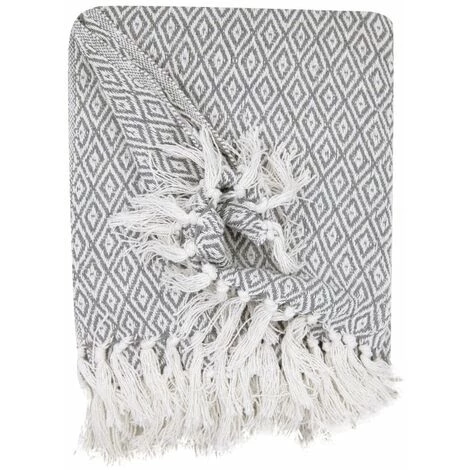 RIDEAUDISCOUNT Fouta, Jeté De Lit, Plaid 100% Coton 120 X 150 Cm Avec Franges Jacquard Micromotif Losanges Gris - Gris 7 RIDEAUDISCOUNT Fouta, Jeté De Lit, Plaid 100% Coton 120 X 150 Cm Avec Franges Jacquard Micromotif Losanges Gris - Gris – Image 5