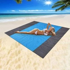 BETTERLIFE Tapis De Plage, Extra Large 200 Cm X 210 Cm Couverture De Pique-Nique Imperméable Anti-Sable, Lavable En Machine Nylon Avec 4 Piquets (Bleu 2) -Plaid et couverture Soldes 37659809 4