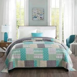 WOLTU Couverture De Lit. Lot De 2 Couvre-Lits. Design Patchwork Couette Boutis Imprimée. Jeté De Lit. 150x200cm. Gris+vert -Plaid et couverture Soldes 39949281 2