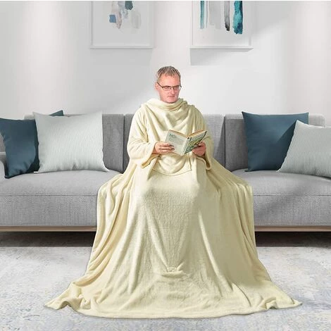 WOLTU Couverture De Télévision. Avec Manches Et Poches. Couverture En Microfibre En Flanelle Douce.150x180cm. Crème 3 WOLTU Couverture De Télévision. Avec Manches Et Poches. Couverture En Microfibre En Flanelle Douce.150x180cm. Crème