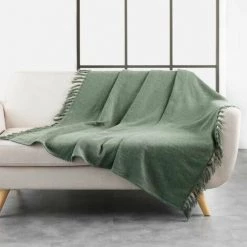 Paris Prix - Plaid à Franges Tissé "zamina" 125x150cm Kaki