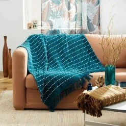 Paris Prix - Plaid à Franges Tissé "cayenne" 125x150cm Bleu 7 Paris Prix - Plaid à Franges Tissé "cayenne" 125x150cm Bleu -Plaid et couverture Soldes 41317892 3