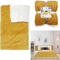 PLAID ET JETE DE LIT PLAID FLANELLE COTELE SHERPA MOUTARDE 180X220CM