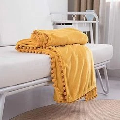 BARES Couverture En Flanelle Avec Couverture Douce à Franges à Pompons Pour Lit, Canapé, Toutes Saisons (51,2 X 59 Pouces, Jaune -Plaid et couverture Soldes 42946129 4