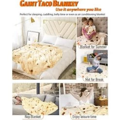 BARES Burrito Couverture 150cm Double Face Tortilla, Géant Ronde Nouveauté Taco Wrap Plaids Chauds Doux Confort Flanel Réaliste Nourriture En Peluche Serviette Cadeaux Créatifs Pour Famille