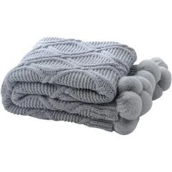 BARES Plaid Couverture Tricot En Chenille Avec Les Pompons - Couverture De Lit Douce Et Chaude Jeté De Canapé (130 X 160cm)-Gris