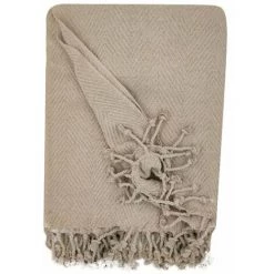 RIDEAUDISCOUNT Fouta, Jeté De Lit, Plaid 100% Coton 120 X 160 Cm Avec Franges Torsadées Jacquard Motif Chevrons Ton Sur Ton Beige Naturel - Naturel -Plaid et couverture Soldes 43040792 3