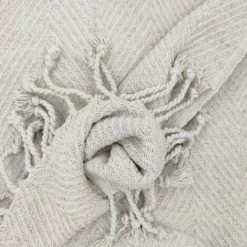 RIDEAUDISCOUNT Fouta, Jeté De Lit, Plaid 100% Coton 120 X 160 Cm Avec Franges Torsadées Jacquard Motif Chevrons Ton Sur Ton Ecru - Ecru -Plaid et couverture Soldes 43093539 2