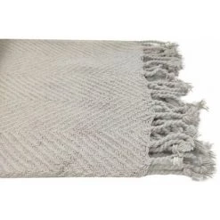 RIDEAUDISCOUNT Fouta, Jeté De Lit, Plaid 100% Coton 120 X 160 Cm Avec Franges Torsadées Jacquard Motif Chevrons Ton Sur Ton Ecru - Ecru -Plaid et couverture Soldes 43093539 4
