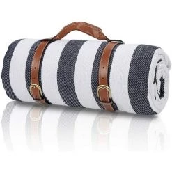 BRIDAY Picknickdecke 200 X 200CM Stranddecke Tragbar PEVA Wasserdicht Campingdecke Wärmeisoliert Strandmatte Für Den Außenbereich Picknicks Camping Strand (Blaue-Weiße-Streifen)