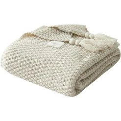 BEARSU Couverture En Tricot Plaids Canapé Couvre-lit Tapis De Table Jetés De Lit Nordique Chaud Doux Avec Frange Faite à La Main Pour Plage Pique-Nique Toutes Saisons (Beige, 70 X 100 Cm)