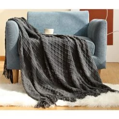 BEARSU Couverture Coton Tricot Pompon De Couverture Jeté De Canapé Couvre Lit Blanket Sofa Fauteuil Décoration Couverture à Tricoter Jeté De Fauteuil, Gris Foncé
