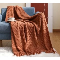 BEARSU Couvre-lit Tricoté Boho - Couverture Ultra Douce - Couverture De Voyage - Couverture Douillette Pour Canapé, Fauteuil, Canapé, Caramel