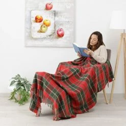 Baroni Home Plaid En Mélange Laine Et Coton, Made In Italy 130x170 Cm - Tartan Classique Rouge Et Vert -Plaid et couverture Soldes 45901379 3