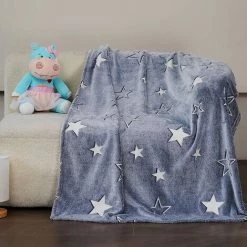 ILOVEMILAN Couverture Polaire, Glow In The Dark Blanket Couverture En Flanelle Du Lit Avec Étoiles Lune Cadeau D'anniversaire De Noël Pour Enfants (Gris,120x150cm)