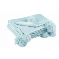 DANSMAMAISON Plaid Pompon Polyester Bleu Ciel - L 170 X L 130 X H 1 Cm - Bleu