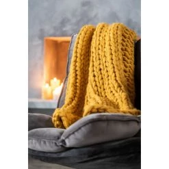 DANSMAMAISON Plaid Tricote Acrylique Ocre - L 154 X L 140 X H 3 Cm - Jaune -Plaid et couverture Soldes 46775852 3