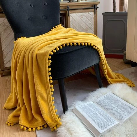TINOR Couverture En Flanelle Avec Pompon Couverture De Sieste Couverture De Lit Confortable Couverture De Jet Doux Pour Canapé-lit Adapté à Toutes Les Saisons (Jaune Moutarde, 150x 200 Cm) 4 TINOR Couverture En Flanelle Avec Pompon Couverture De Sieste Couverture De Lit Confortable Couverture De Jet Doux Pour Canapé-lit Adapté à Toutes Les Saisons (Jaune Moutarde, 150x 200 Cm) – Image 2