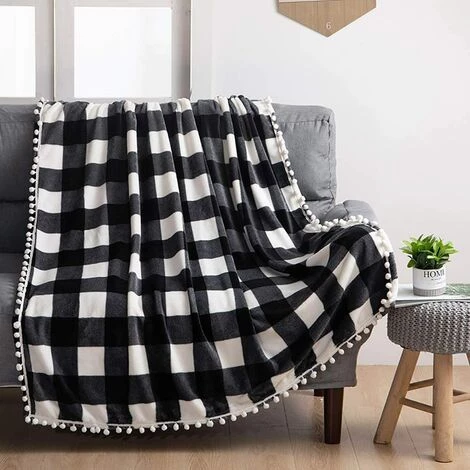TINOR Couverture En Molleton Avec Frange à Pompons,Jeté En Flanelle à Carreaux Noir Et Blanc à Carreaux Buffalo Pour Canapé-lit Adapté à Toutes Les Saisons (130x 150cm) 4 TINOR Couverture En Molleton Avec Frange à Pompons,Jeté En Flanelle à Carreaux Noir Et Blanc à Carreaux Buffalo Pour Canapé-lit Adapté à Toutes Les Saisons (130x 150cm) – Image 2